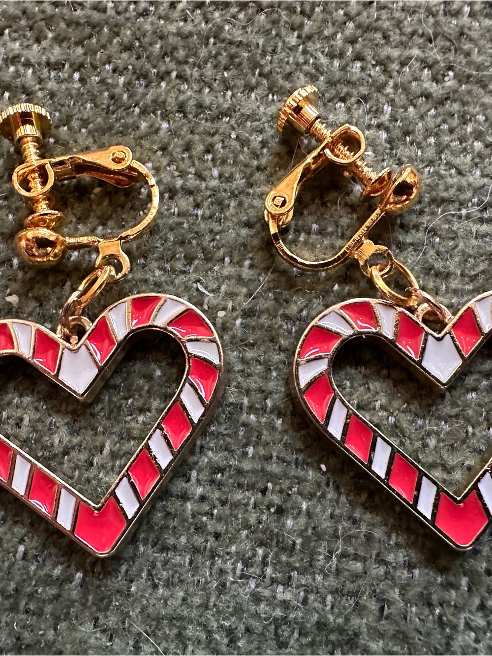Gold-Tone Red & White Heart Drop Clip-On Earrings